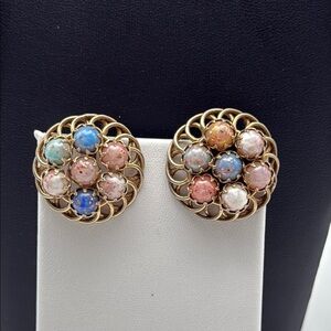 Vintage floral cluster clip on statement earrings mid century